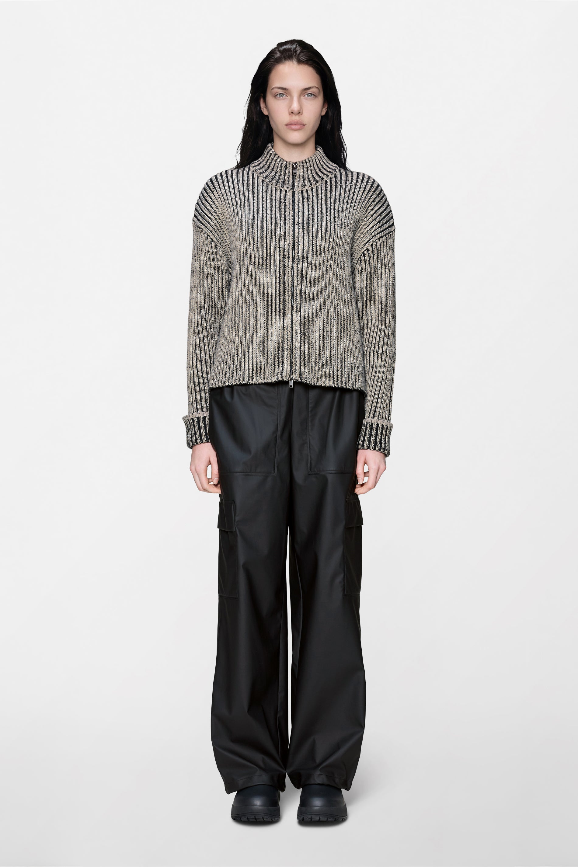 RAINS Sapa Knit W Zip Cardigan Vintage White / Black Long Sleeve